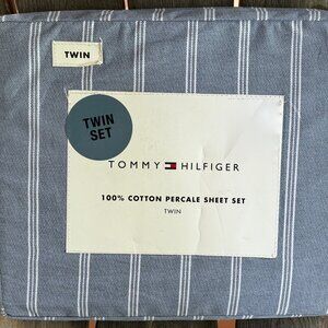 Tommy Hilfiger TWIN Size Cotton Sheet Set Crisp Percale (Effortless Blue Stripe)